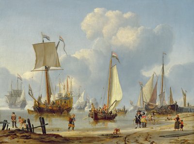 Ships in Calm Water with Figures by the Shore by Abraham Storck
